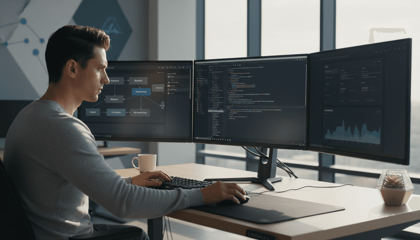 Desenvolvedor trabalhando em escritório moderno do Rio de Janeiro